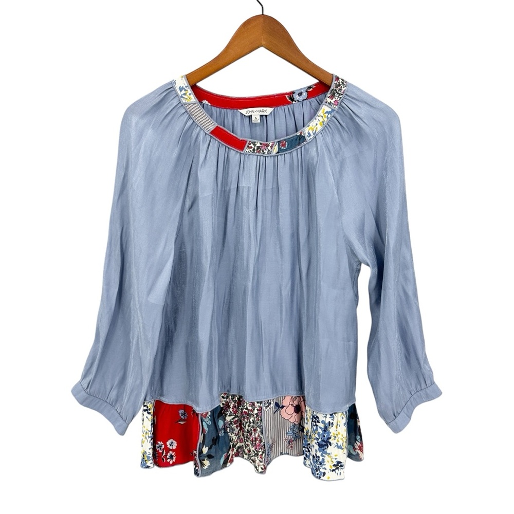 John Mark Top Blue Haze Patchwork Trim Lightweigh… - image 1